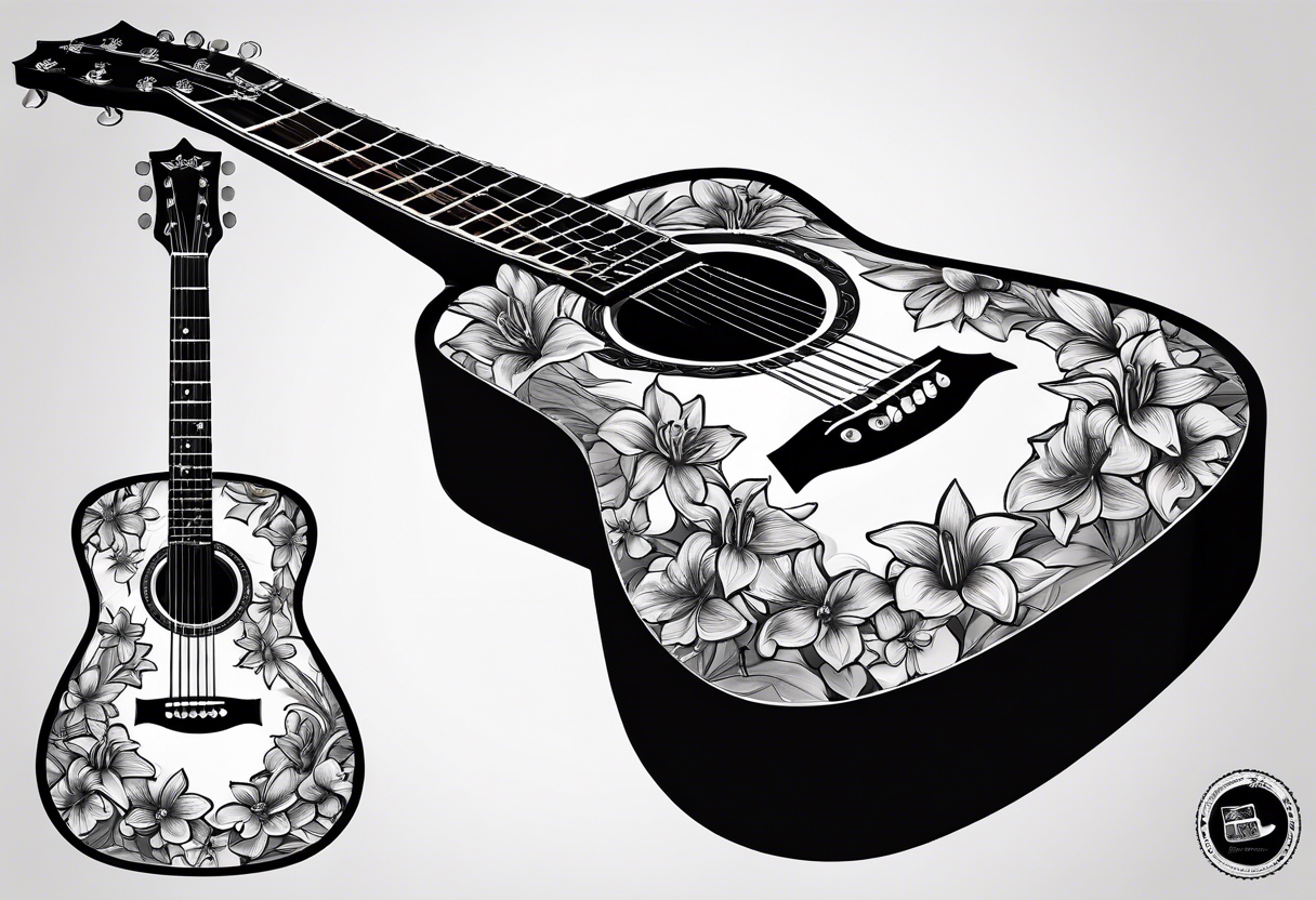 basic black acoustic guitar wrapped with lilies around the neck, with a simple black star on the guitar body. meant for the inside of a woman's bicep tattoo idea