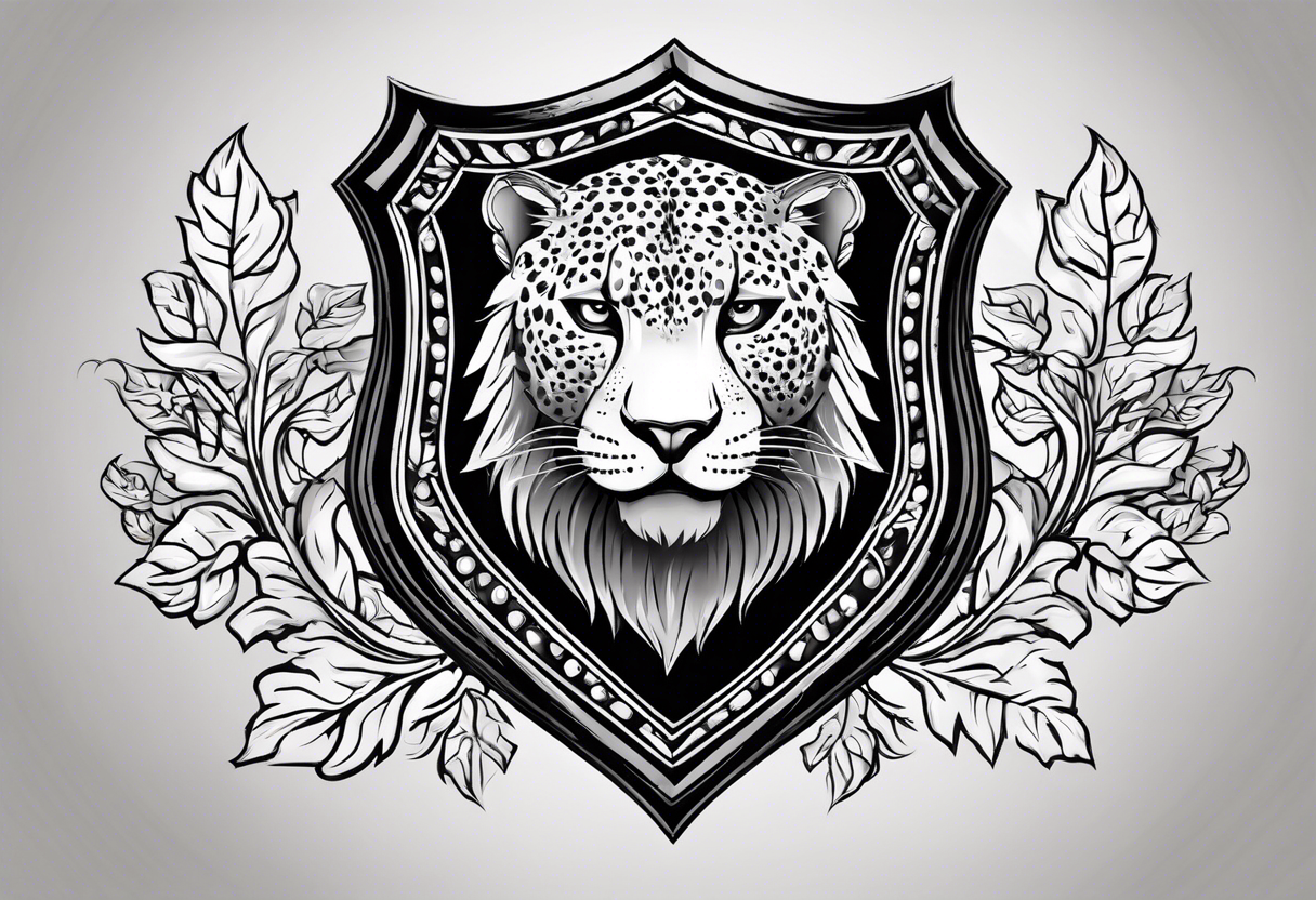 A shield with small leopar head as shield's emblem. The shield would be hang on a ivy planted wall tattoo idea