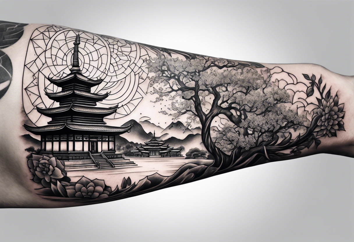The back of a forearm including a world map, a Buddhist temple and a mandala tattoo idea