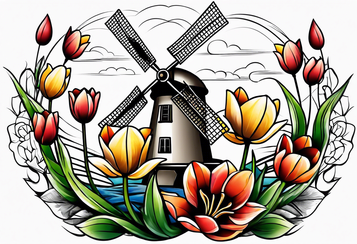 windmill and tulips tattoo idea