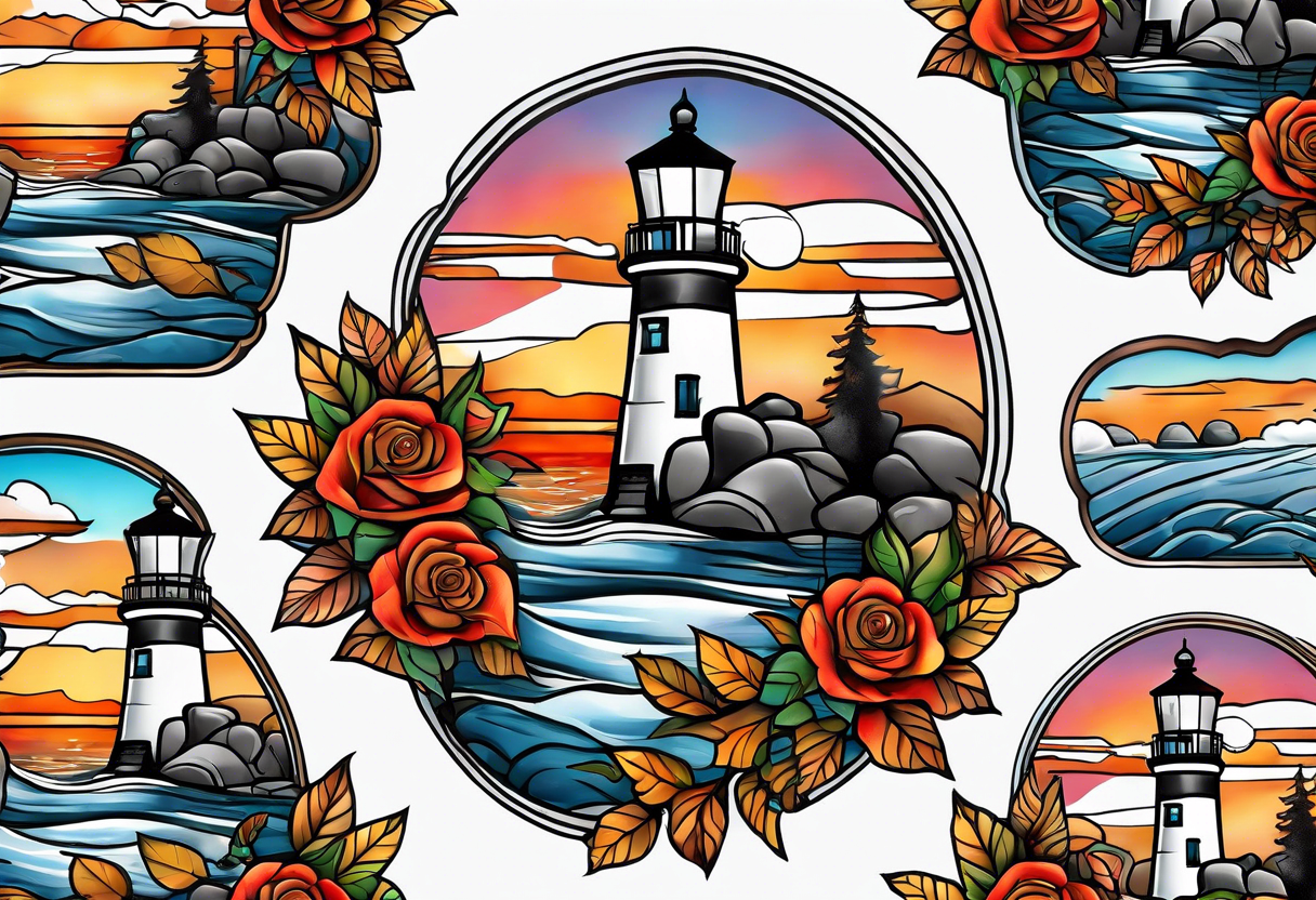 thigh tattoo in fall colors, showing lighthouse, water flow around rocks, sky, clouds, leaves, roses and no trees tattoo idea