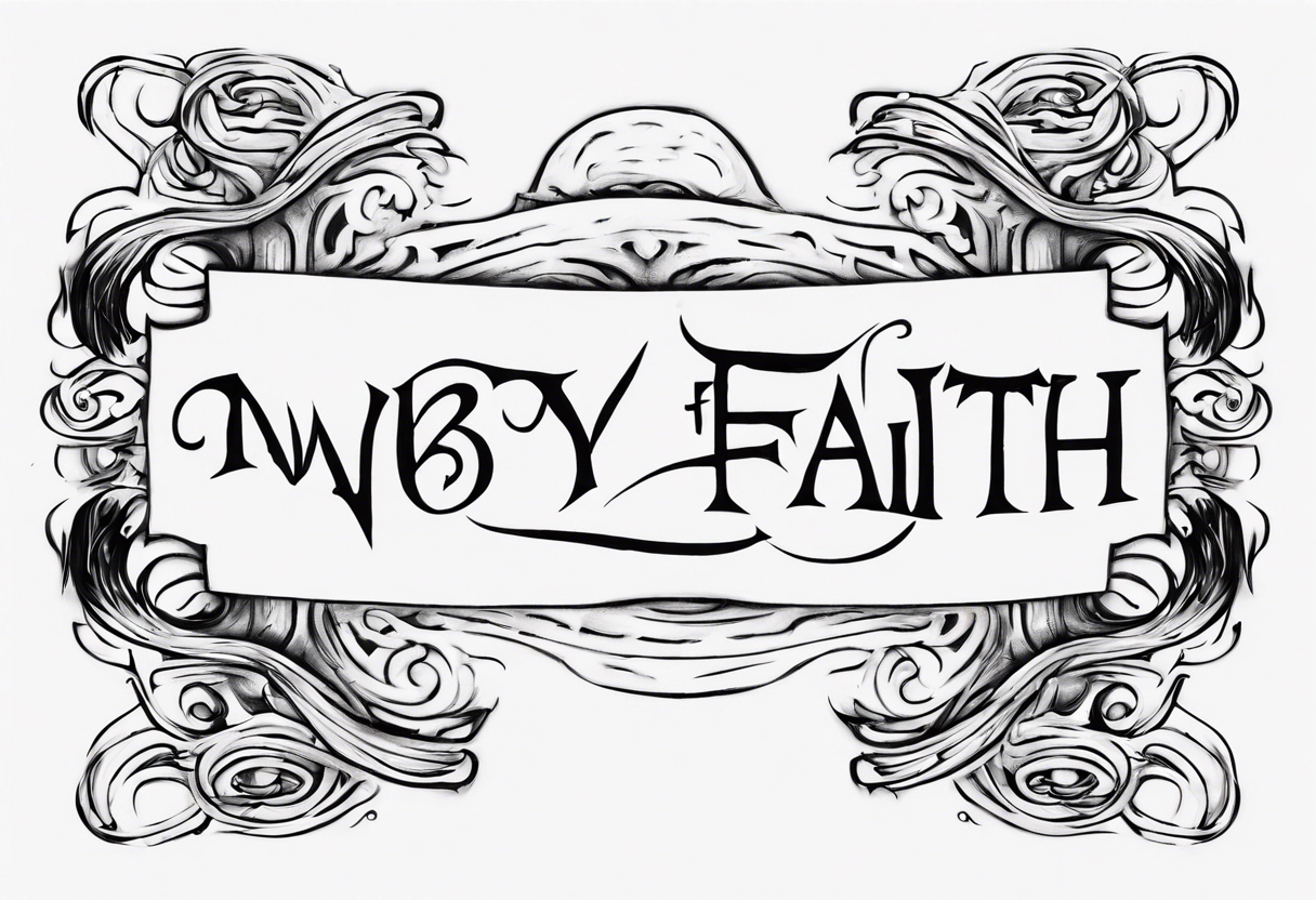 Horizontal inner bicep tattoo. “walk by faith, not by sight” stairwell wrapping around the quote. This design captures the essence of the journey guided by faith. tattoo idea