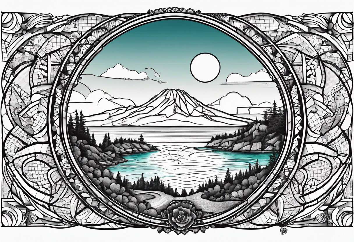 A circle with a map of Whidbey Island inside of it. tattoo idea