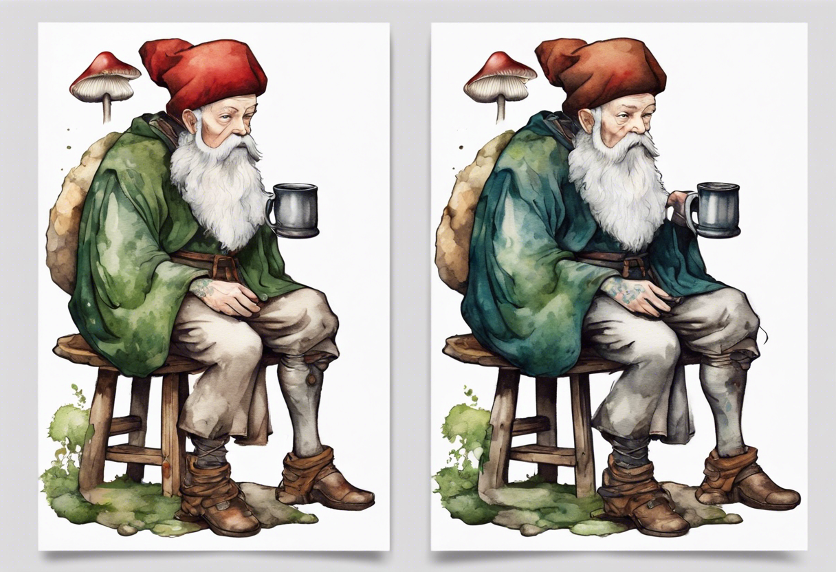 a mushroom with a mossy beard wearing medieval clothes sitting on a stool drinking from a stone mug tattoo idea