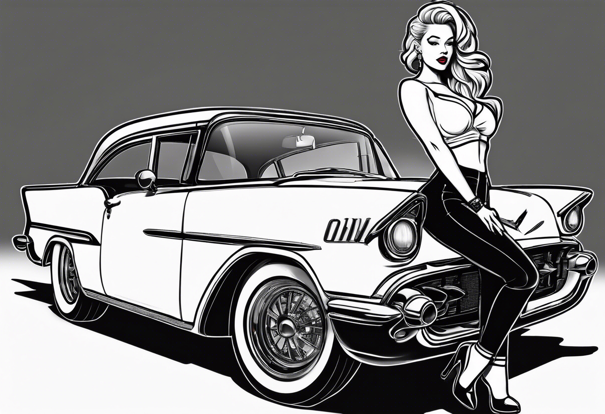 Pinup girl standing by a car tattoo idea