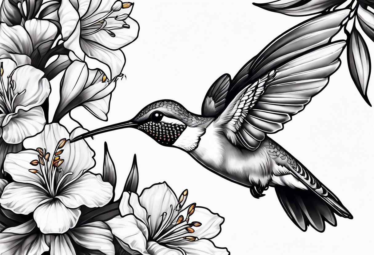 Hummingbird eating from azalea flowers tattoo idea