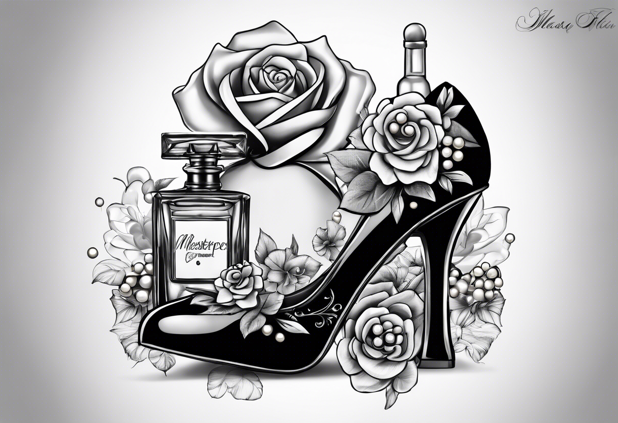 A tribute to 1950s pinup fashion with 1950s perfume bottle and pinup heels wrapped with pearls, hair bows, flowers, and lace. tattoo idea