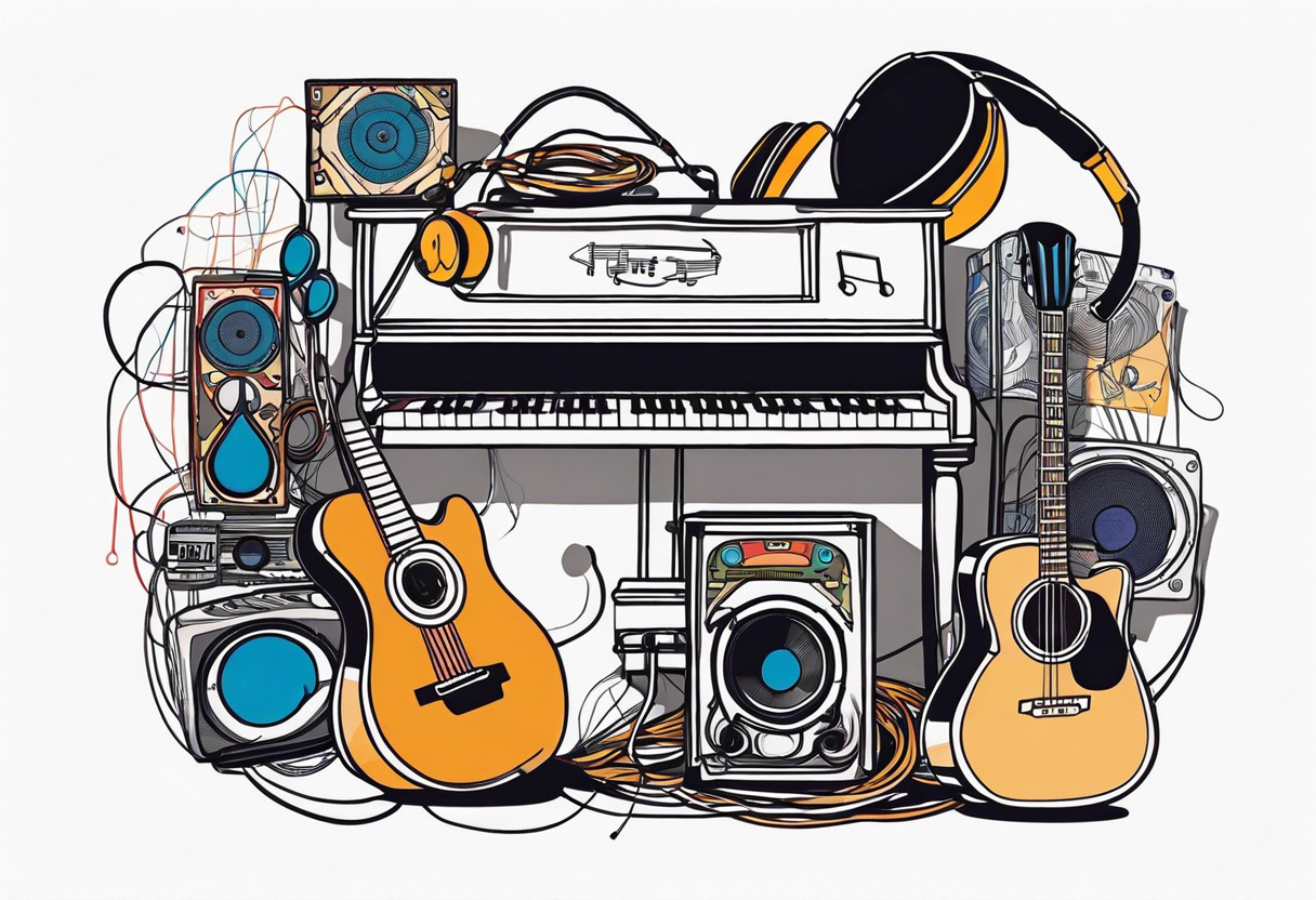 Piano, drums, guitar, speakers, headphones, cassette tapes, woven and interconnected by lines and cables. tattoo idea