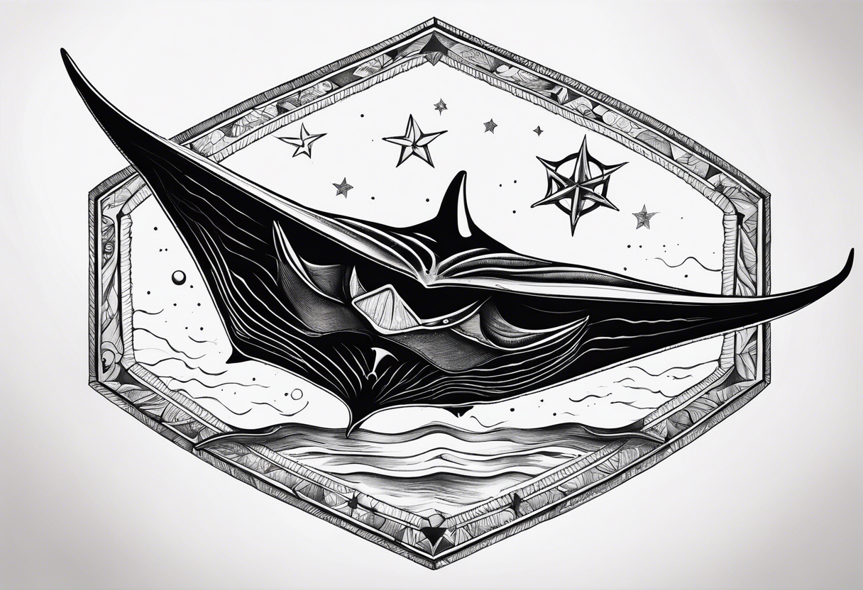 Simple manta ray with a nautical star inside and an octagon around tattoo idea