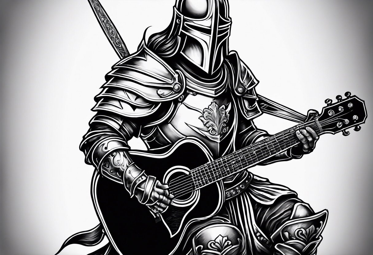 Armor of God knight holding sword and acoustic 
guitar tattoo idea