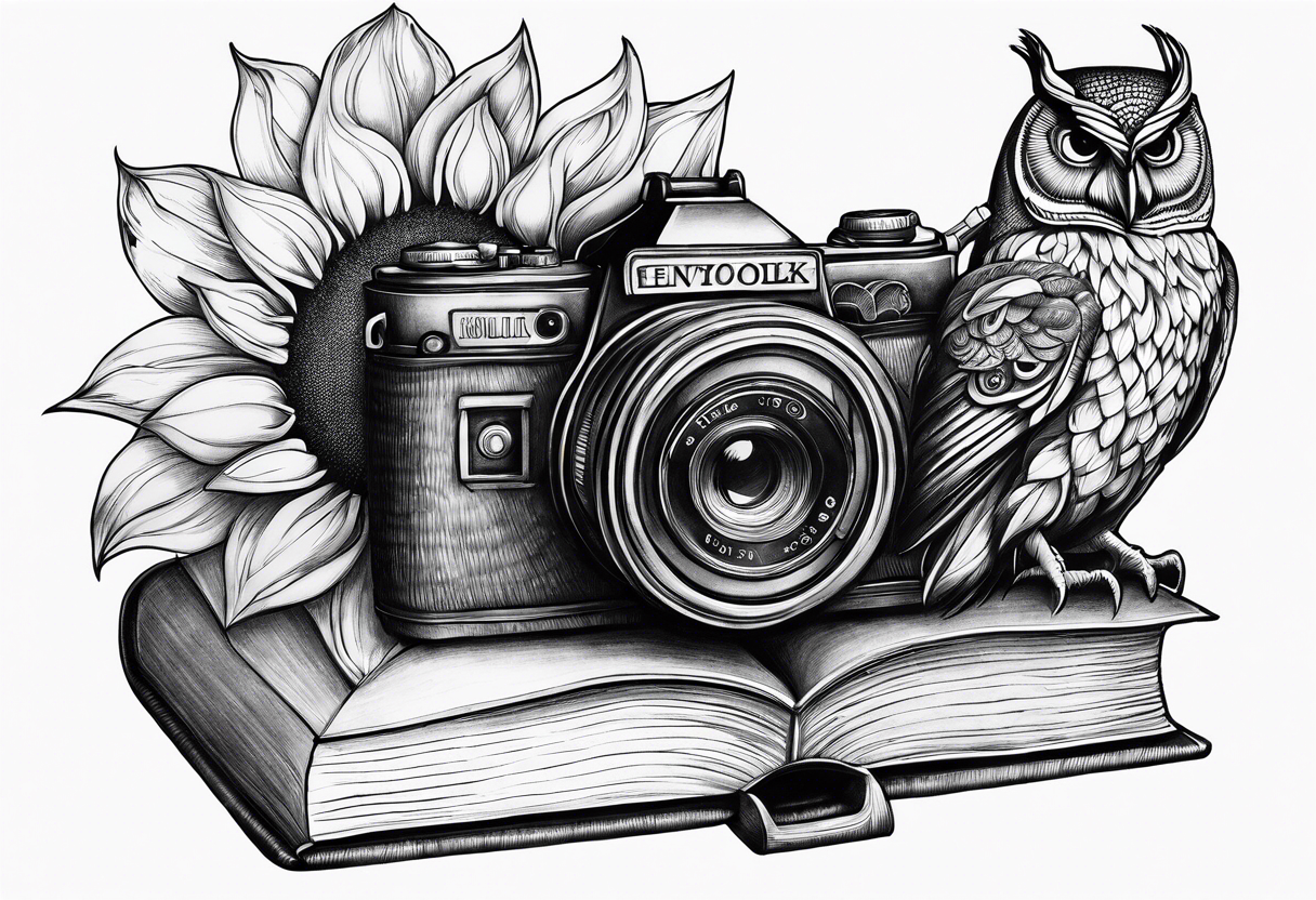 Sunflower, camera, book, peacock, owl tattoo idea