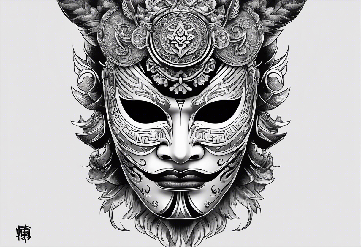 hanya mask on the shoulder, mask from ghost of Tsushima, hanya mask with three eyes, mask symbol of freedom and calmness tattoo idea