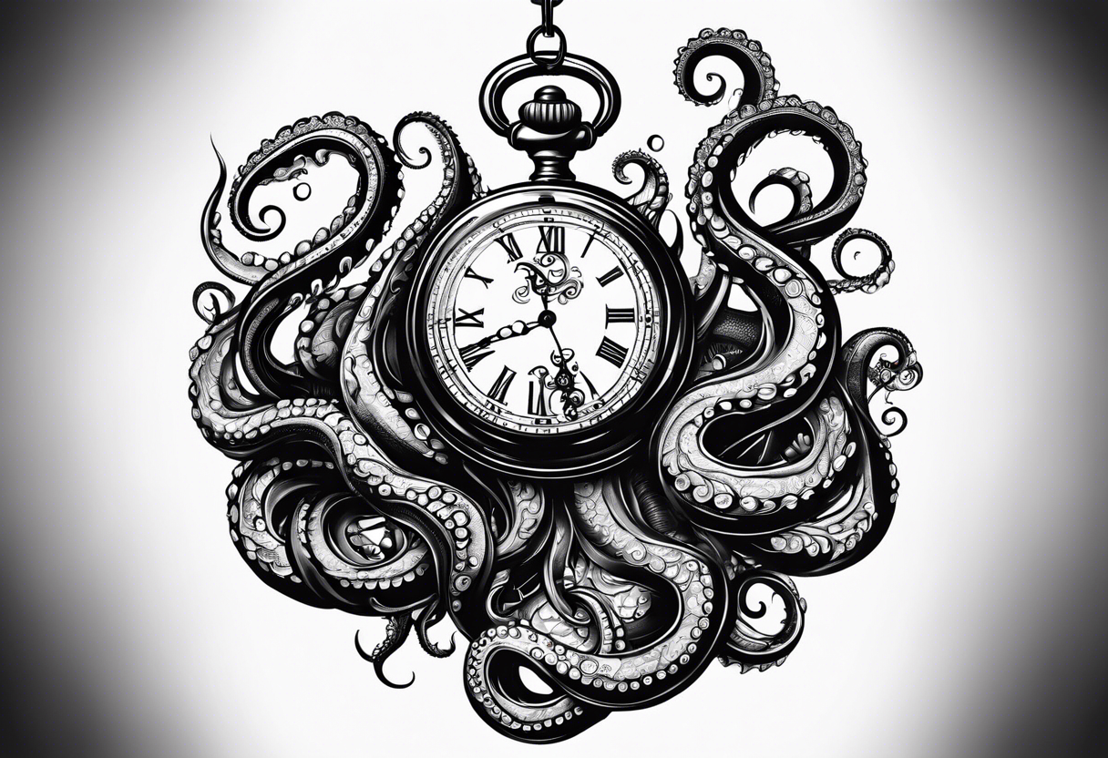 pocket watch being wrapped by an aggressive octopus tattoo idea