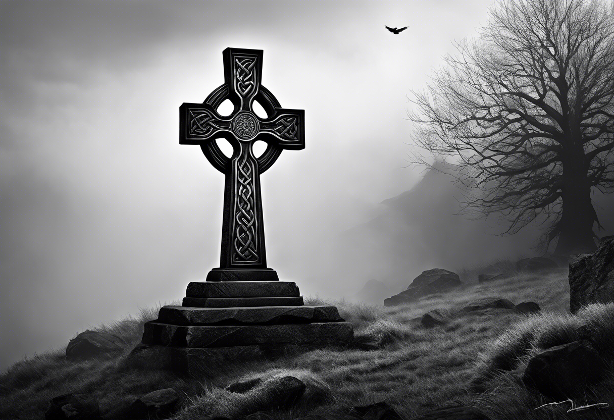 A stone Celtic cross, standing alone in the fog, with a raven perched on the arm of the cross tattoo idea