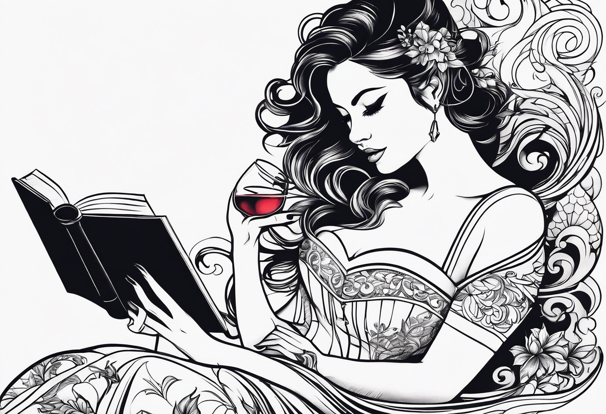 A women drinking wine and reading a book tattoo idea