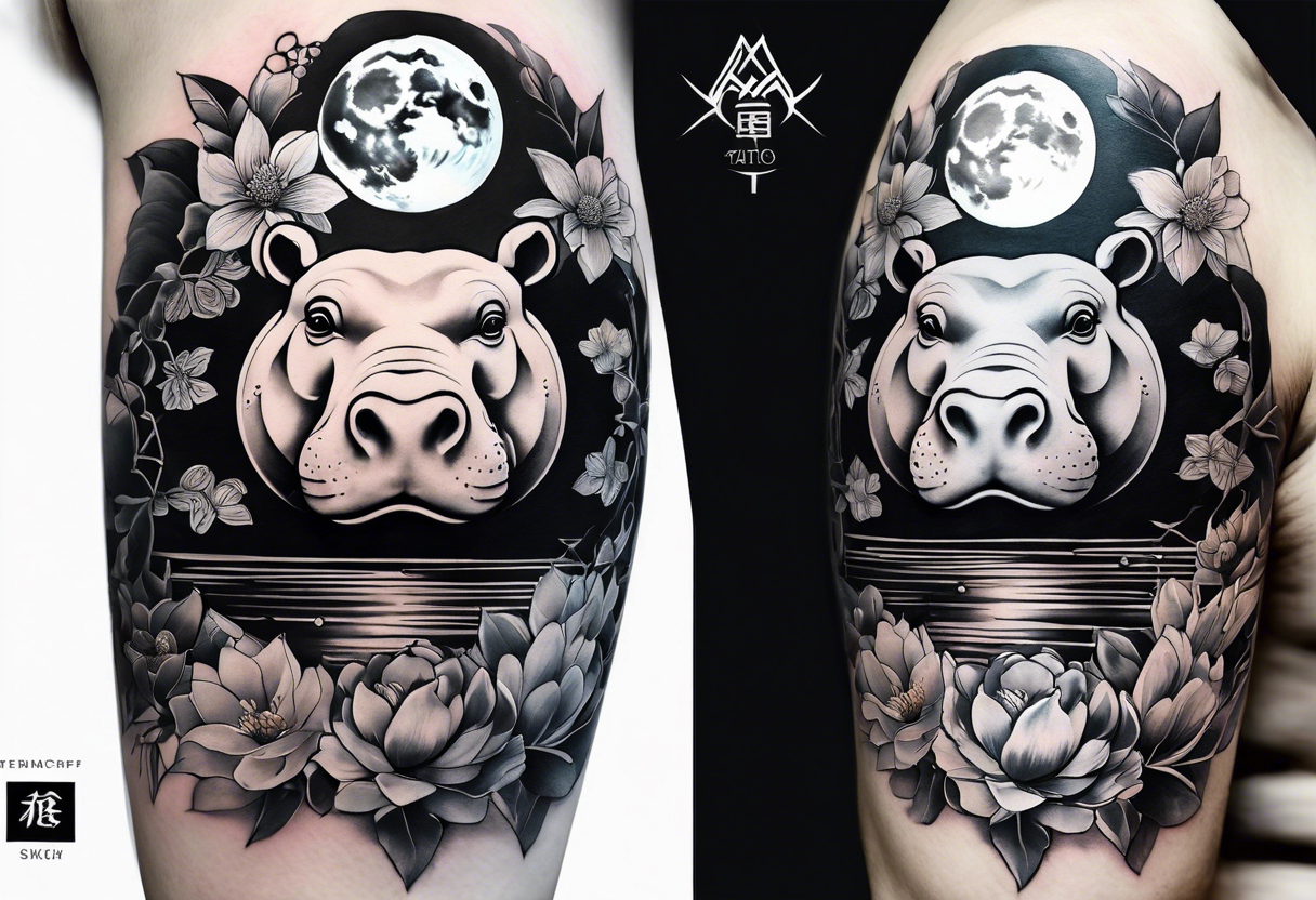 Very asymmetrical, +geometric pattern, with realistic full moon, with seeious looking hippo, +zen feel, + Buddhism touch,
with wintersweet flower bud, +portrait orientation, +inkart touch, tattoo idea