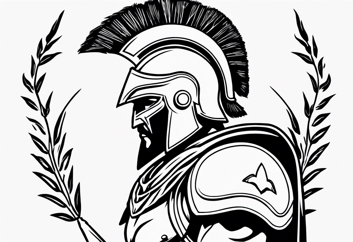 rectangular landscape format ultra-fine line linework vector of a spartan from the side, spartan spear, spartan shield, laurel wreath tattoo idea