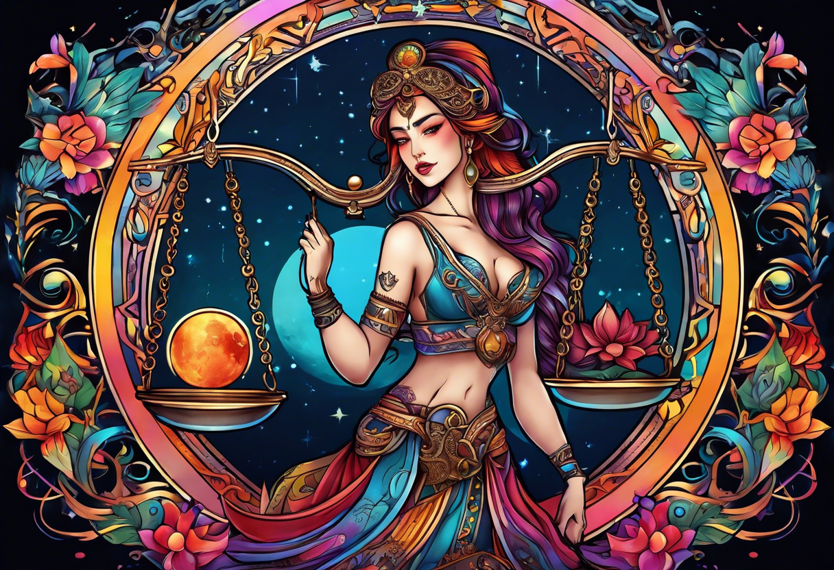 Libra woman holding scales with a night zodiac background including a half moon that encircles half of the woman with vibrant colors tattoo idea