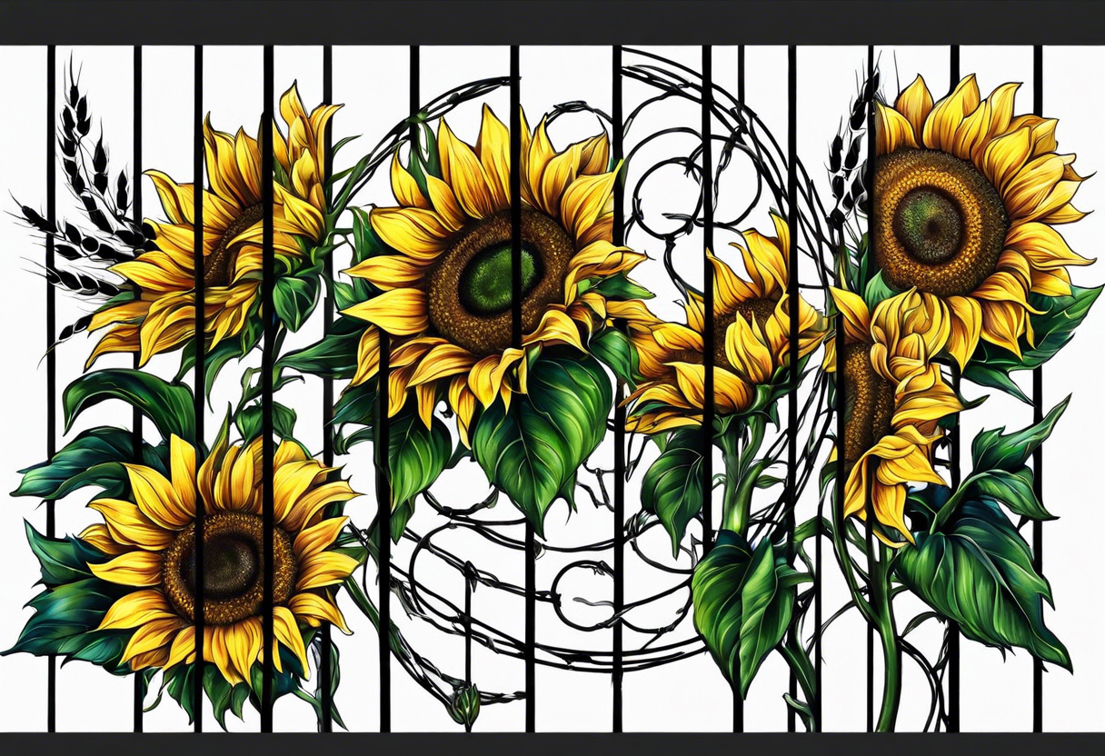 Sunflower, wheat, horseshoe, and barbed wire half sleeve tattoo idea