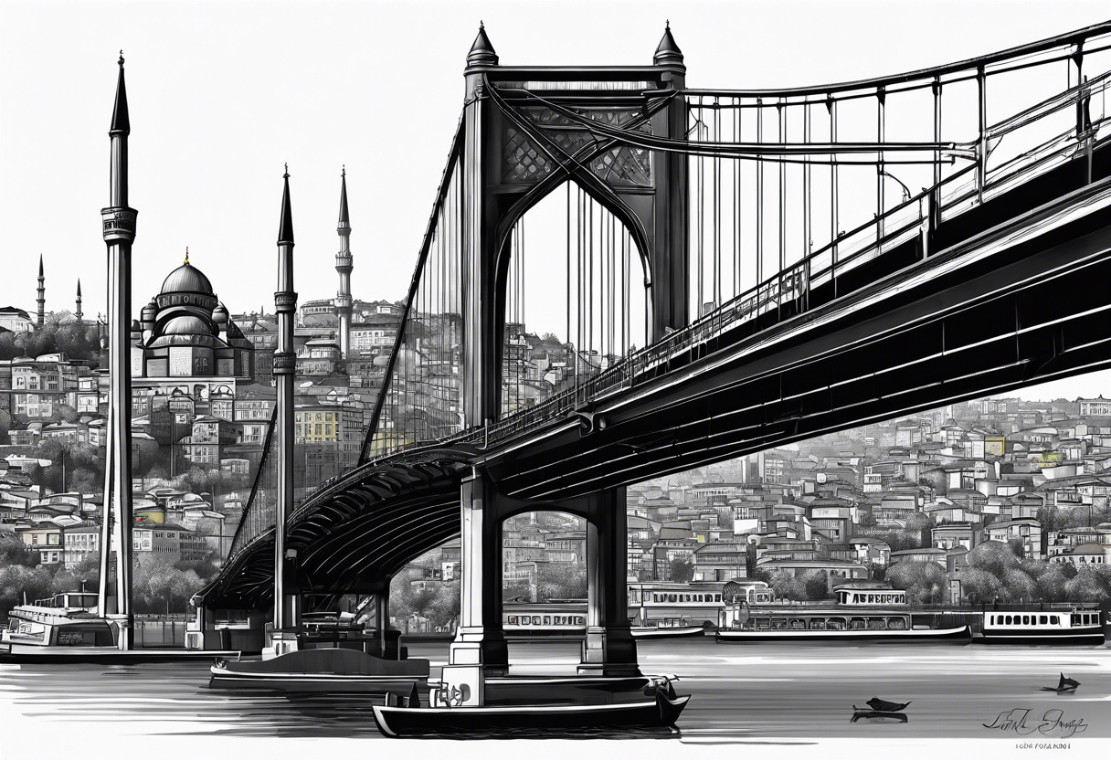 Istanbul bridge with blue details and behind them a big yellow canary tattoo idea