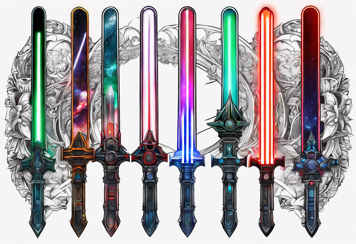 3 starwars lightsabers with each one being the birth month color for May, July, January tattoo idea