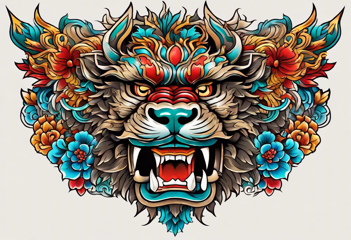 Two Traditional full body, Okinawa shisa on either side of chest pectoral. Orginal color tattoo idea