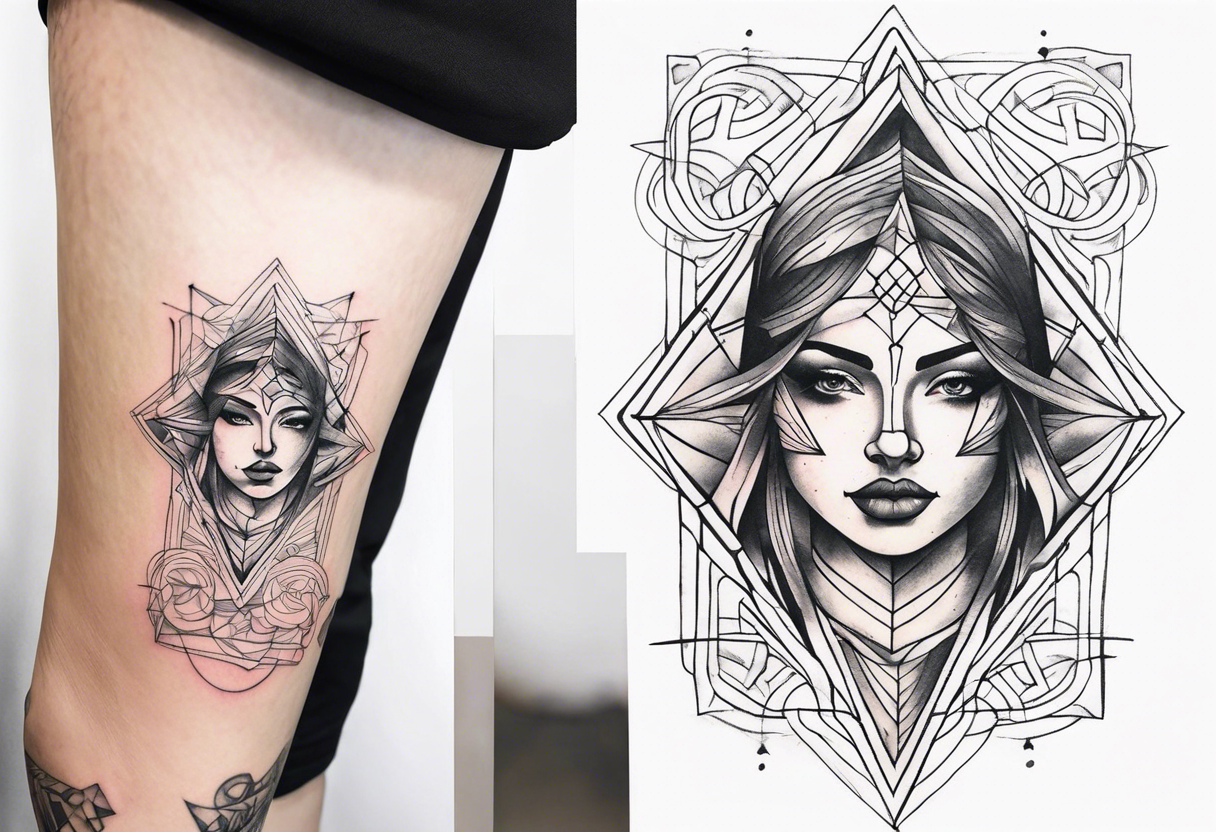 front knee tattoo with geometry, swirls & washes, background washes tattoo idea