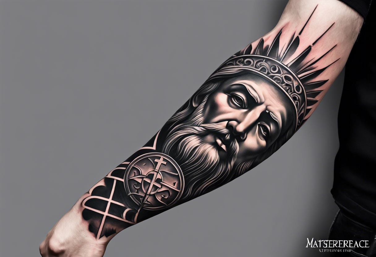 Catholic tattoo sleeve for a man. tattoo idea