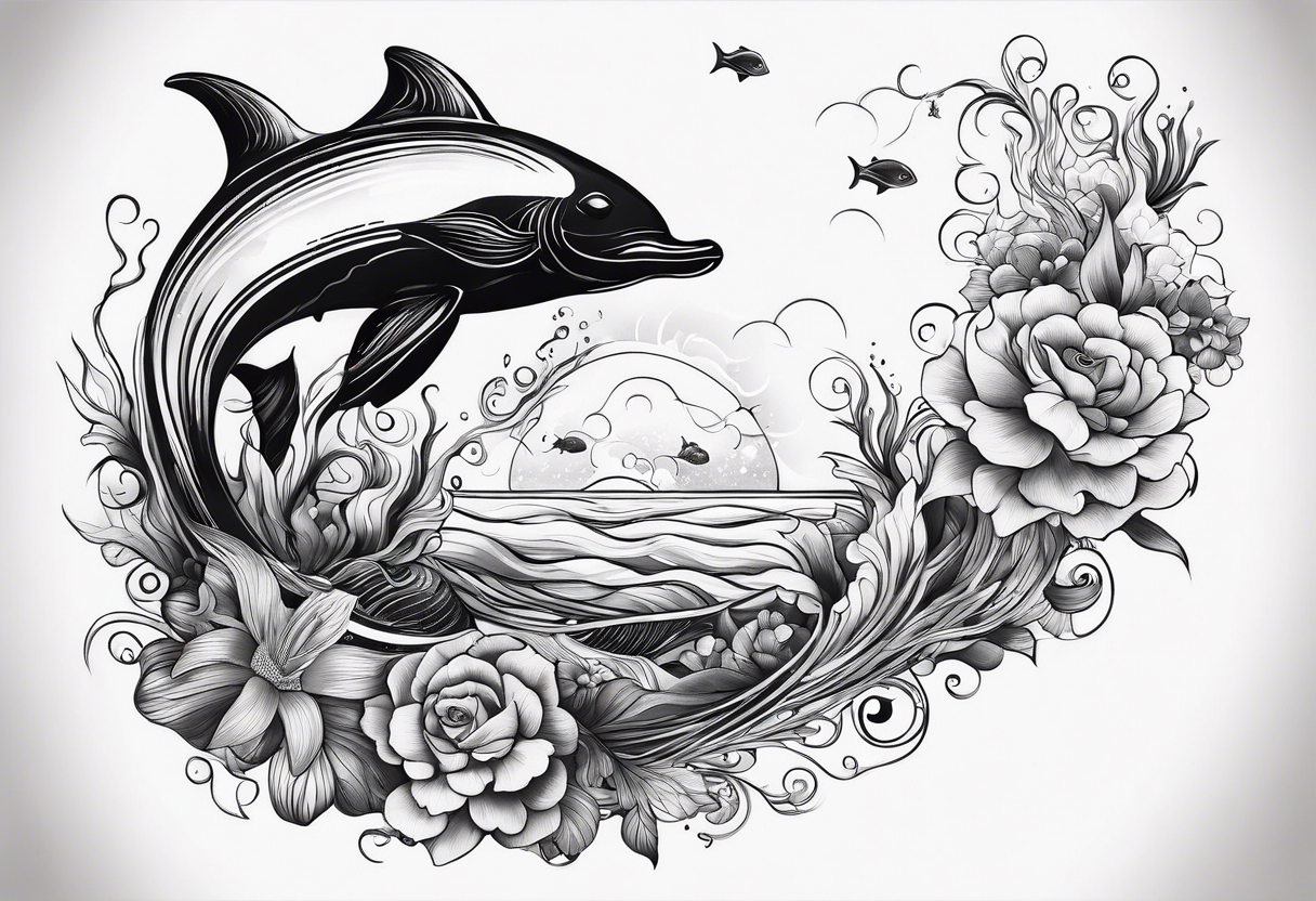 Underwater Sea creatures feminine cascading upwards tattoo idea