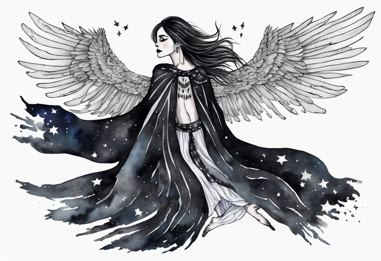 a beautiful 45 year old Dakota woman flying in the night sky with black wings, wearing a black and white cloak, bare feet tattoo idea