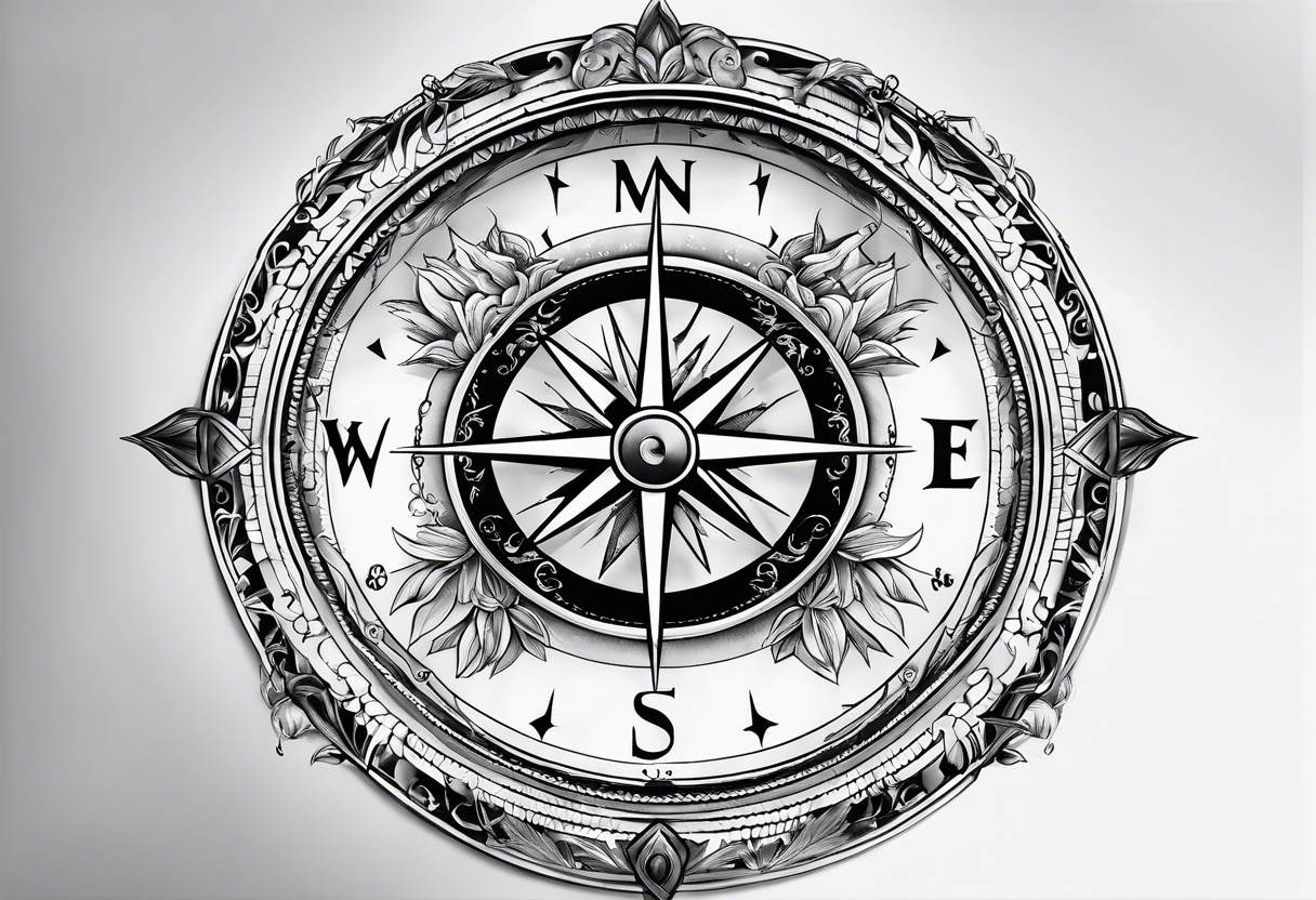 Compass dial with the names Chris Hannah Holly Millie tattoo idea