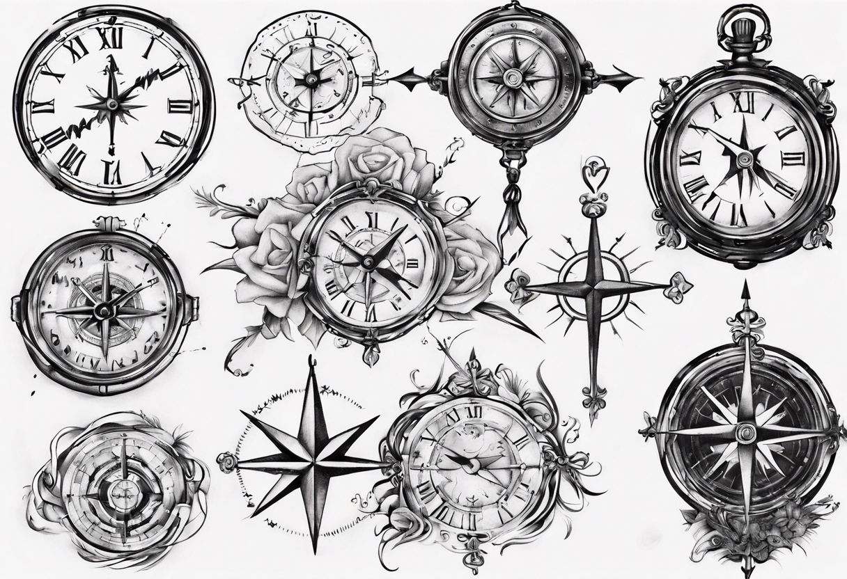 I would like a clock at the top with a Compass, from which 2 Paths schould lead away that Cross you after a time and then Go apart again to finally find themselves again. tattoo idea