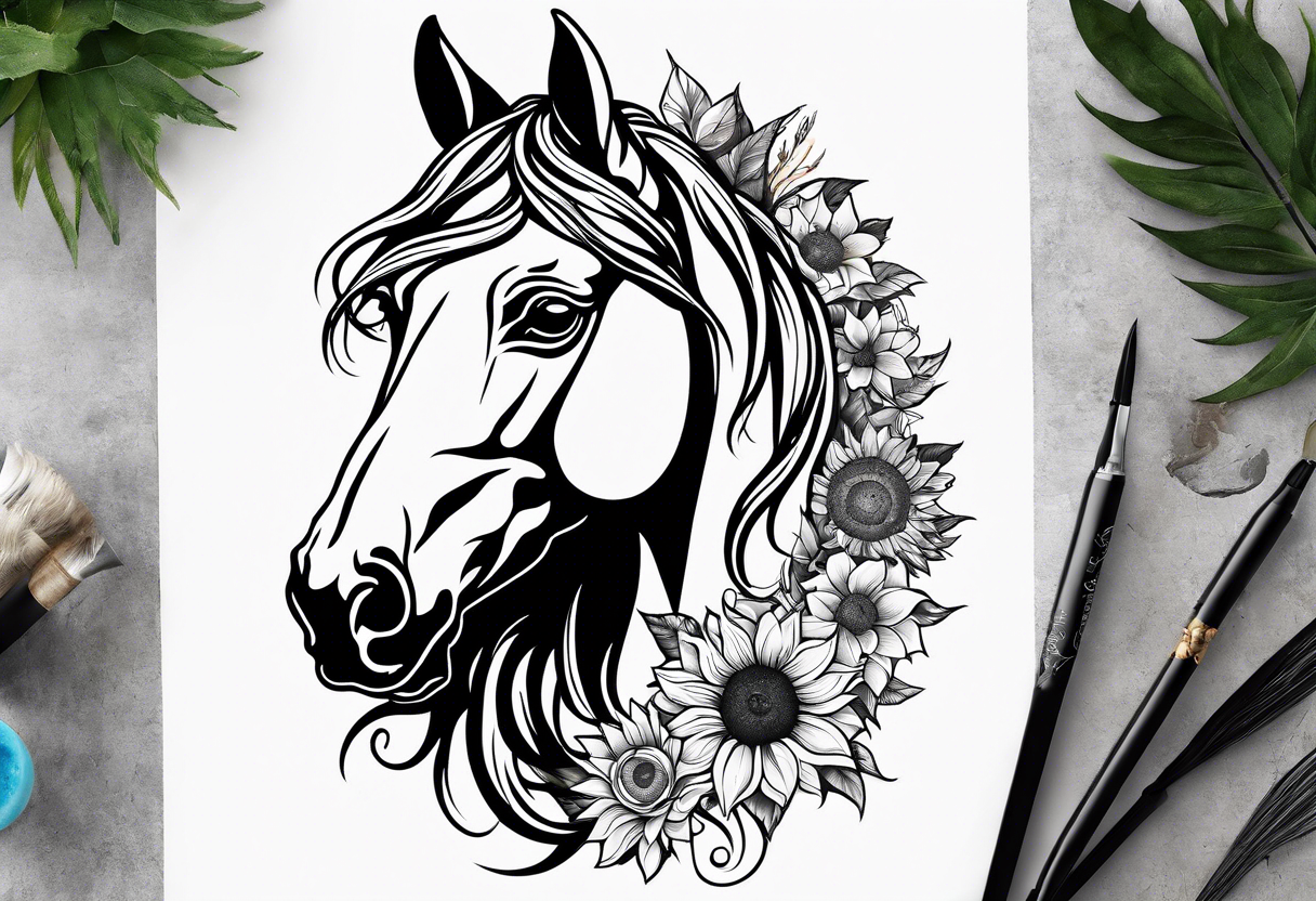 Horse, compass, sunflower tattoo idea