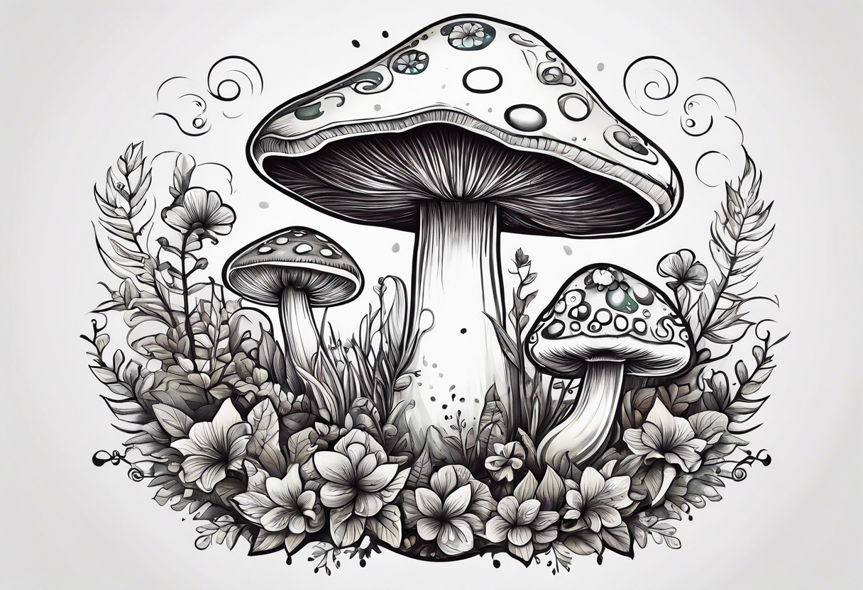 Happy anthropomorphic mushroom surrounded by smaller plants tattoo idea