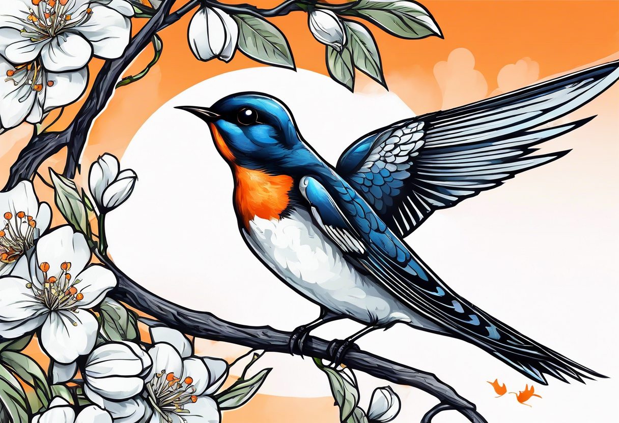 swallow sitting on an orange blossom branch with its wings open tattoo idea