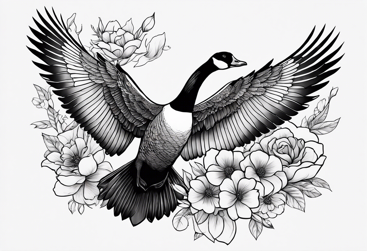 canadian goose spread wings with flowers side tattoo idea