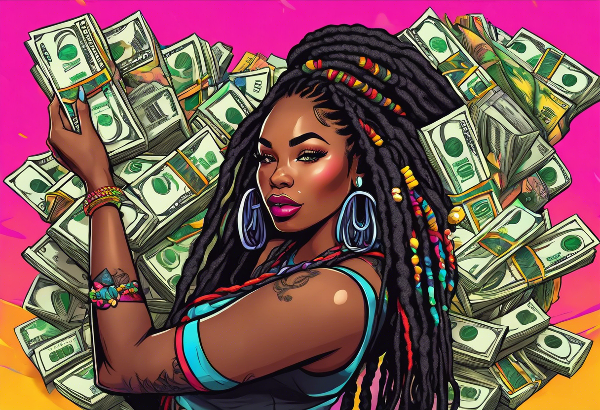 beautiful thick black women with long straight dreadlocks, new school style, holding piles of money, colorful, neon, bright, streetwear, streetstyle, urban tattoo idea