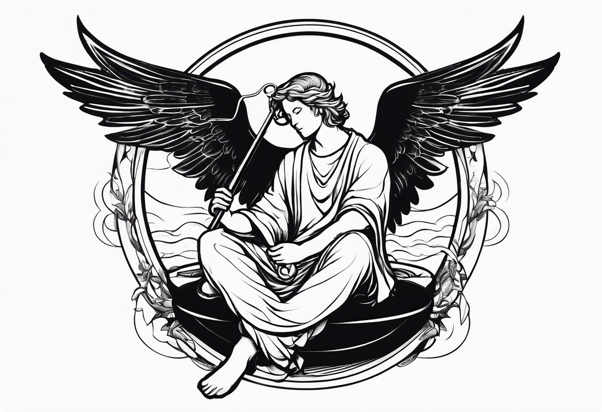 male angel with a halo sitting peacefully with fishing rod tattoo idea