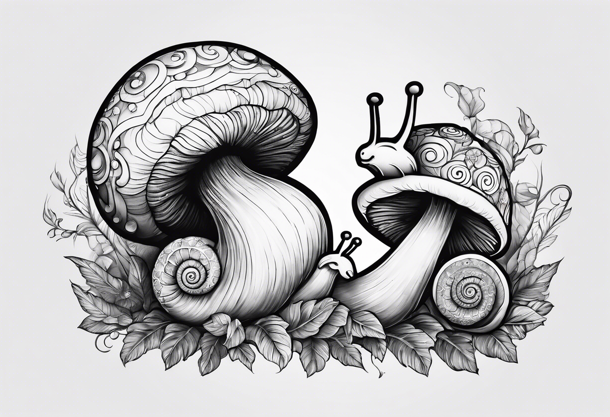 two opposite snails on mushrooms tattoo idea