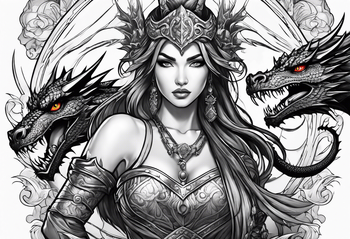 warrior princess with swords and a dragon partner tattoo idea