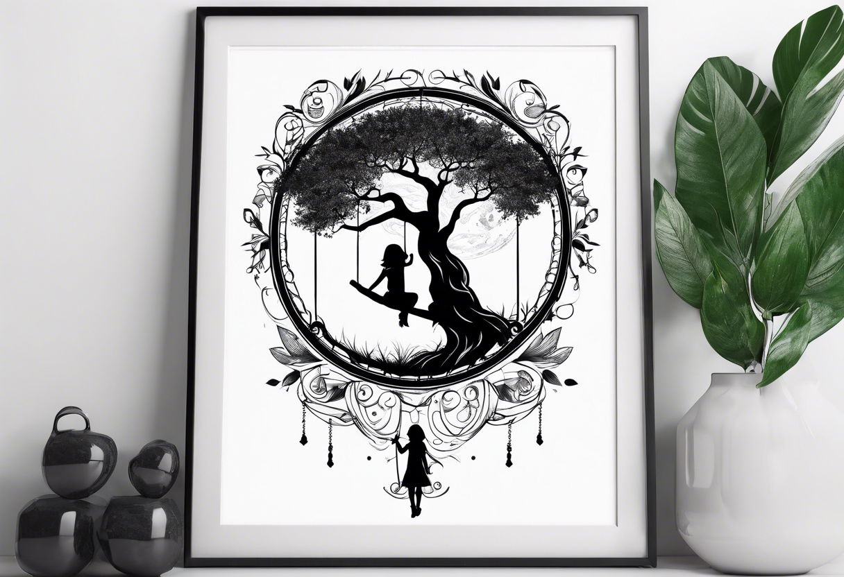 little girl swinging under a tree of life tattoo idea