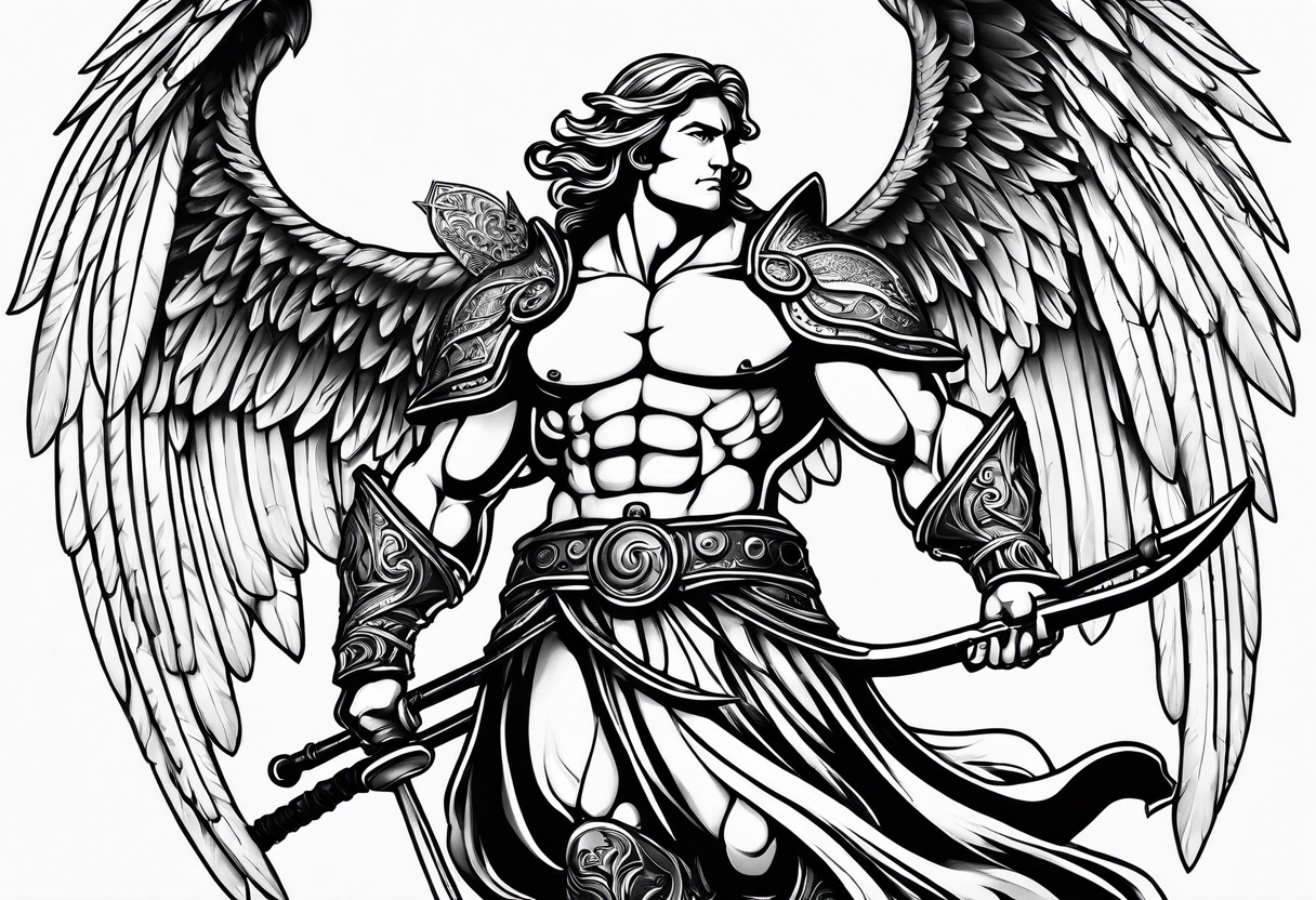 ares figure, angel, fishing rod tattoo idea