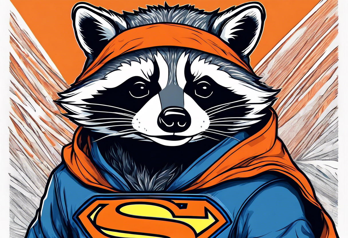 Raccoon wearing an orange Superman hoodie tattoo idea