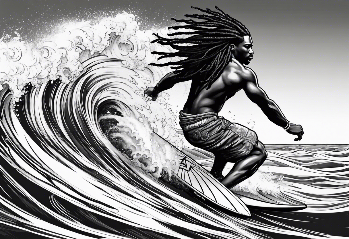 Black man with dreadlocks 
surfing tattoo idea