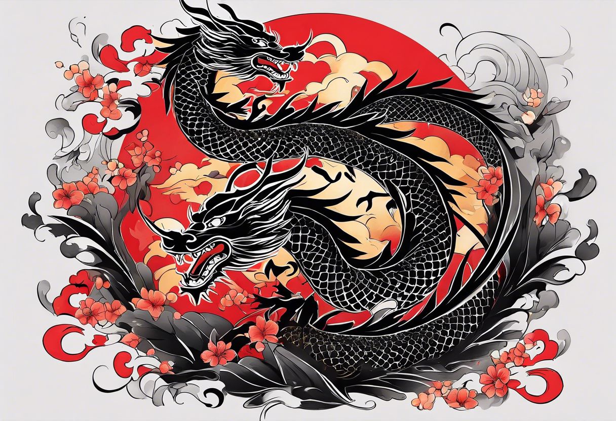 Nakama, painted in traditional Japanese calligraphy style, with Japanes dragon intertwined, flying through the empty spaces of the paint strokes tattoo idea