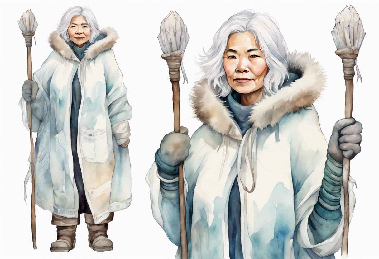 a middle aged Inuit woman with white hair, wearing mittens, mukluks, and a white cloak. Holding a white staff. Standing on an iceberg alone tattoo idea