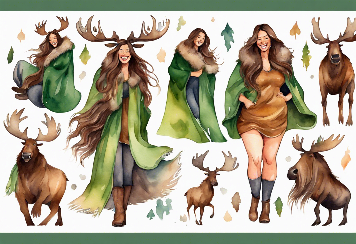 a watercolor of a curvy woman with long brown hair and brown skin and green eyes wearing a fur cloak laughing riding a moose tattoo idea