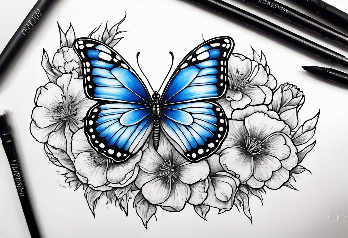 Blue butterfly moon carnation tattoo idea