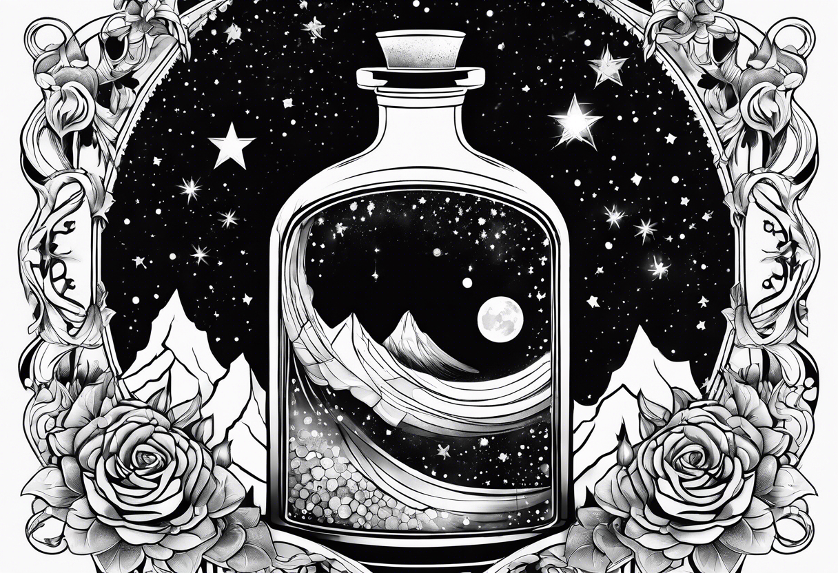 A potion bottle with crystals inside the bottle and the night sky tattoo idea