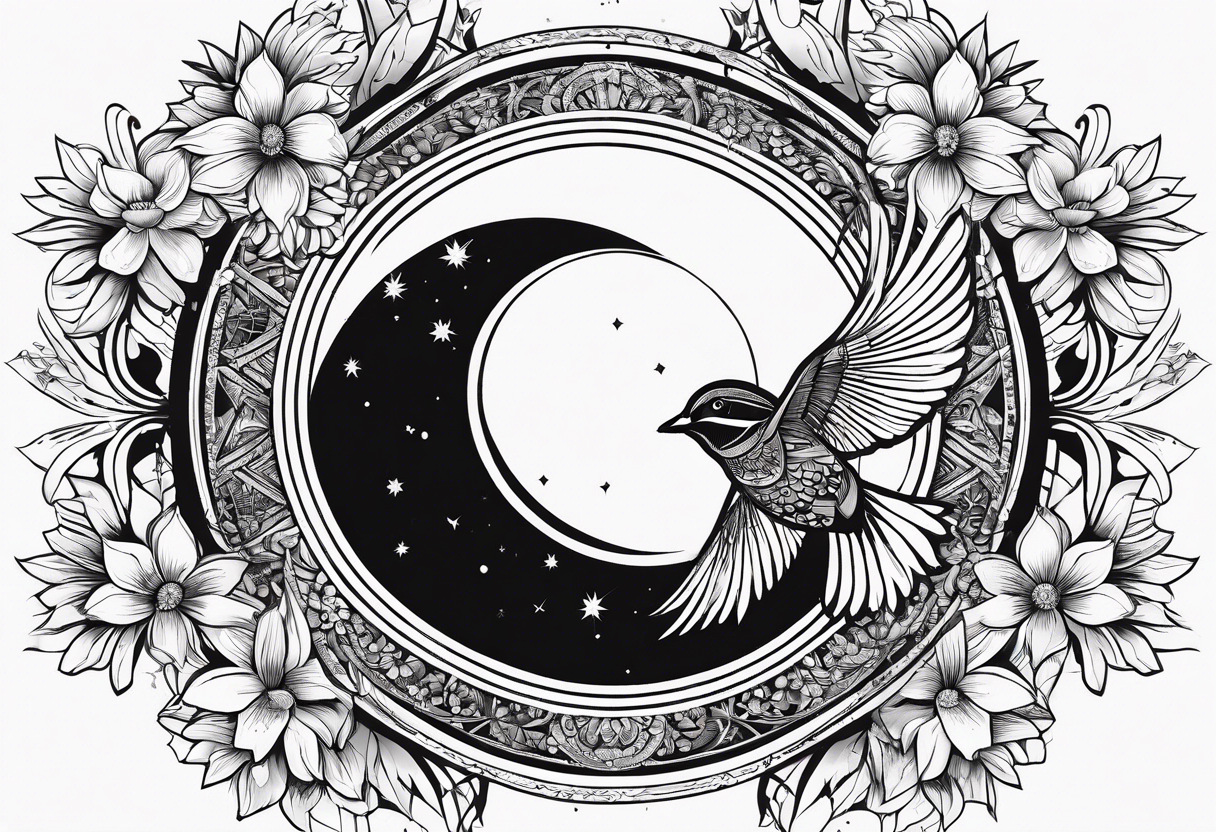 AUM symbol, one flying 
sparrow, sunrays, staircase, cosmos, iris, daisy tattoo idea